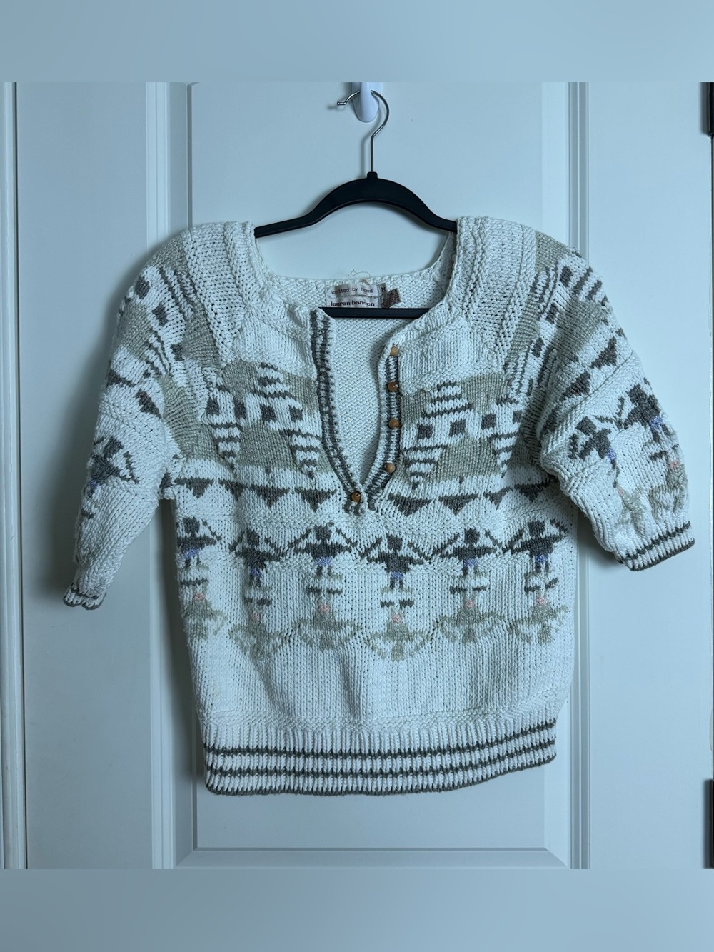 Vintage Women’s Crewneck Pullover Sweater - Ivory with Taupe Pattern